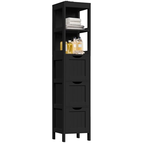Yaheetech 56" Tall Narrow Bathroom Storage Cabinet with 3 Drawers, Black | Slim Tower for Small Bathrooms, 2 Open Shelves and Drawers Organize Towels, Toiletries, Toilet Paper, 12" Wide Beadboard MDF. - color: Black, size: 56"H