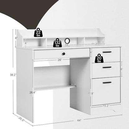 Computer Desk with 4 Drawers and Hutch, Home Office White Writing Desk with File Drawer and Shelves for Small Spaces, Small Desk Study Table for Bedroom - color: Light White