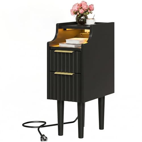 Fluted Narrow Nightstand with Charging Station, Solid Wood Night Stand with 2 Drawers, Black Mid Century Modern Led Nightstand, Small Beside Table with Open Storage Shelf for Bedroom （10 inch） - color: Black