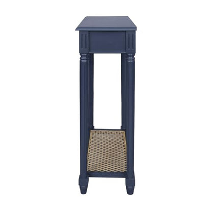 East at Main Lenora Navy Narrow Console Table for Entryway with Drawer | 23.75-inch slim hallway table with cane shelf, solid wood frame, navy finish, traditional furniture for small spaces - color: Navy