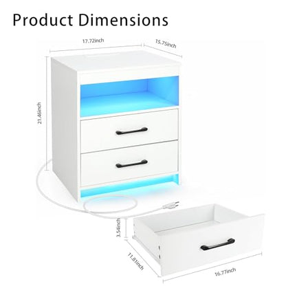 Night Stand with Charging Station and Ambient Light, LED Nightstand with USB-C Ports and Outlets, Morden Bedside Table with 2 Drawers and Open Compartment, End Table for Bedroom, White