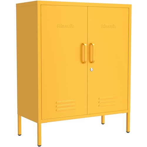 Multipurpose Accent Cabinet Locker, Metal Storage Cabinet with 2 Adjustable Shelves, Heavy Duty & Lockable Organizer Made of Thickened Steel, Easy Assembly for Home, Entryway, Yellow - color: Mustard, style: Cabinet-33"H-RE