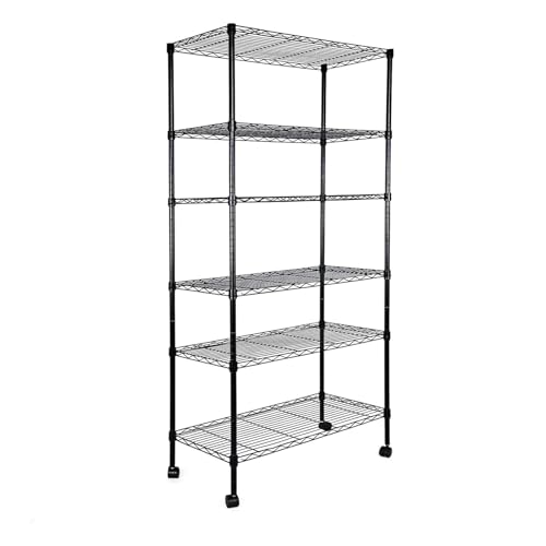 Simple Deluxe Heavy Duty 6-Shelf Shelving, 29.92'' D x 13.98'' W x 71.65'' H Adjustable Wire Shelving with Hanging Hooks and Wheels, Black - color: Black, size: 6-Tier