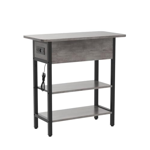 Yoobure End Table with Charging Station, Flip Top Side Table with USB Ports and Outlets, Sofa Couch Table Bedside Table for Living Room Bedroom, Narrow Nightstand with Shelves for Small Space Gray - color: Grey