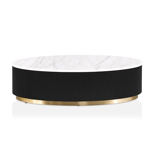 Furniture of America Beryl Modern Oval White Genuine Marble Top Coffee Table with Fluted Pedestal Base and Gold Stainless Steel Accent, Low Profile Table for Living Room, Home Office, Black - size: Coffee table, style: Oval