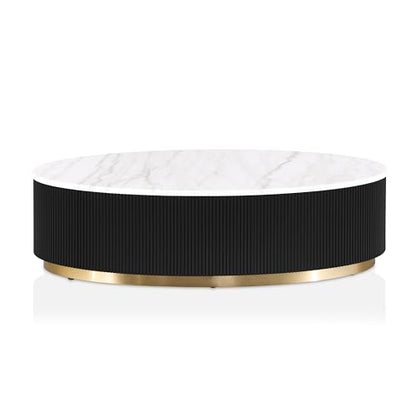 Furniture of America Beryl Modern Oval White Genuine Marble Top Coffee Table with Fluted Pedestal Base and Gold Stainless Steel Accent, Low Profile Table for Living Room, Home Office, Black - size: Coffee table, style: Oval