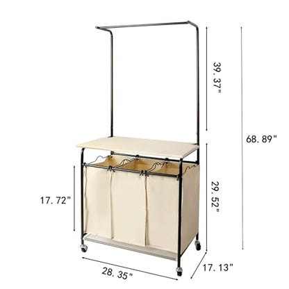 MYOYAY 3 Section Laundry Sorter with Garment Hanging Bar Rack Foldable Ironing Board, Laundry Basket Organizer Heavy Duty Laundry Hamper Rolling Cart with Lockable Wheels and 3 Removable Bags