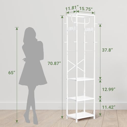 ELYKEN Coat Rack Freestanding, Hall Tree with 3 Storage Shelves and 12 Hooks, Industrial Clothes Rack Stand Organizer for Bedroom, Hallway, Entryway, Office, Living Room, White - color: White