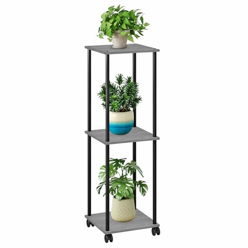 HAYOFAMY 3 Tier Oak Grey Plant Stand Indoor with Wheels 37.2” Tall | Movable Plant Shelf, Metal Wood Multiple, Flower Pot Holder for Living Room Office Balcony Patio