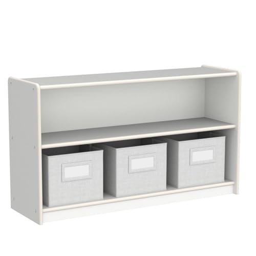 Guidecraft EdQ Two Shelf Open Storage 24'' White with 3 Fabric Bins: Wooden Organizer Cabinet for School and Home, Teacher's Book Cubby and Toy Shelf - color: White