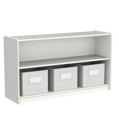 Guidecraft EdQ Two Shelf Open Storage 24'' White with 3 Fabric Bins: Wooden Organizer Cabinet for School and Home, Teacher's Book Cubby and Toy Shelf - color: White