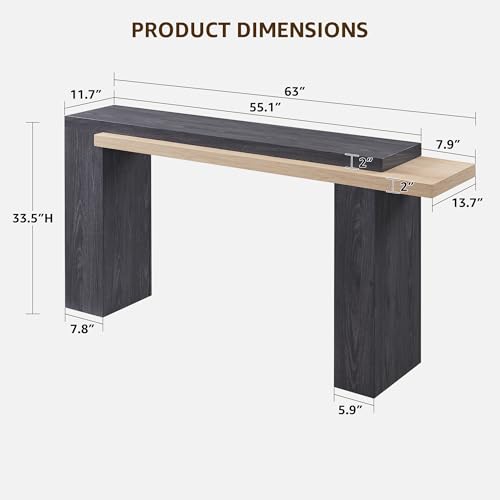OKD 63" Geometric Console Table with Layered Top, Natural Oak & Dark Alder | Extended Layered Top, Sturdy Support Legs, Entryway, Hallway, Foyer, Living room, Behind Sofa - color: Natural Oak With Dark Alder