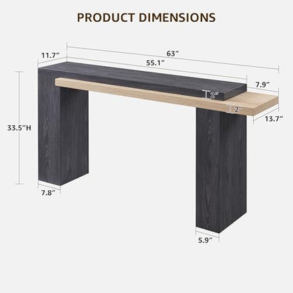 OKD 63" Geometric Console Table with Layered Top, Natural Oak & Dark Alder | Extended Layered Top, Sturdy Support Legs, Entryway, Hallway, Foyer, Living room, Behind Sofa - color: Natural Oak With Dark Alder