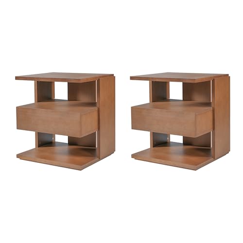 Christopher Knight Home 22" Mid Century Modern Nightstand Set of 2, Wooden Bedside Table with Drawer & 3 Tier Open Shelves, Small Side End Table Night Stand for Bedroom Living Room Small Space, Brown - color: Brown, size: 2pcs