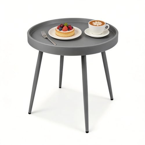 Small Outdoor Side Table - Round Metal End Table with PP Desktop & Anti-Fall Fence - Mini Coffee Table for Small Spaces - Versatile Outdoor End Table for Patio, Couch, Bedside - Gray - color: Grey