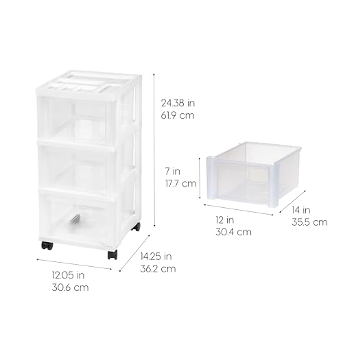 IRIS USA Plastic Drawer Storage Organizer Rolling Cart, with Wheels Casters, 3-Drawers, for Classroom Art Craft Supplies Dresser Closet Bathroom Laundry Room, White/Clear