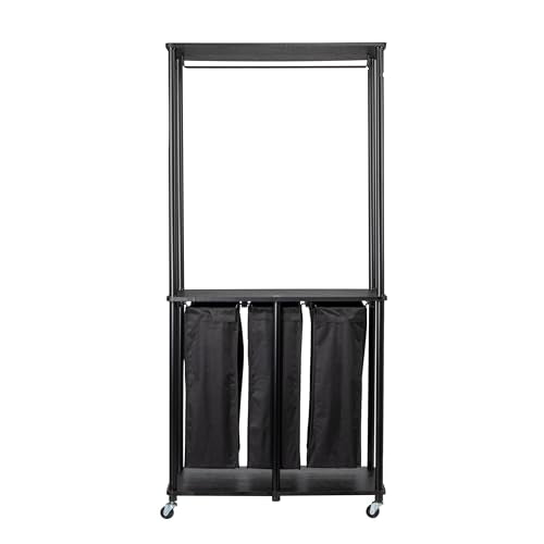 Household Essentials 3-Bag Laundry Center, Smooth Laminate Shelving, Sturdy Steel Frame - color: Black, size: 31.5"L x 17.3"W x 67.3"H