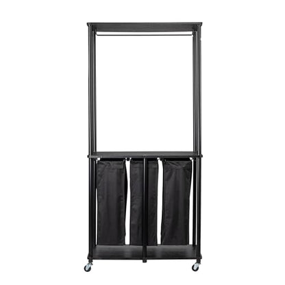 Household Essentials 3-Bag Laundry Center, Smooth Laminate Shelving, Sturdy Steel Frame - color: Black, size: 31.5"L x 17.3"W x 67.3"H