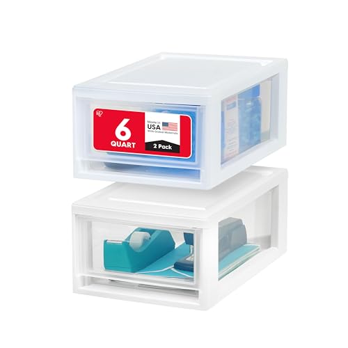 IRIS USA 6 Qt. Plastic Drawer Storage Organizer Stacking Drawers, 2-Pack, Stackable Unit with Sliding Drawer for Bedroom Kitchen Under Sink Pantry Craft Room Bathroom Dorm Office, White - size: 6 Qt., style: 2 Pack