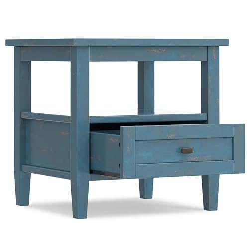 SIMPLIHOME Warm Shaker End Table - 20" Wide x 20" High Solid Wood Square Accent Table in Distressed Coastal Blue, Transitional Side Table for Living Room with Drawer, Open Shelf and Tapered Legs - color: Distressed Coastal Blue, size: 20 inch, style: End