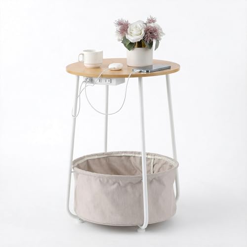 Round Side Table with Charging Station & USB Ports, Modern End Table Nightstand with Fabric Storage Basket, Matte White & Camel Brown Accent Table for Living Room, Bedroom (Burlywood) - color: Burlywood