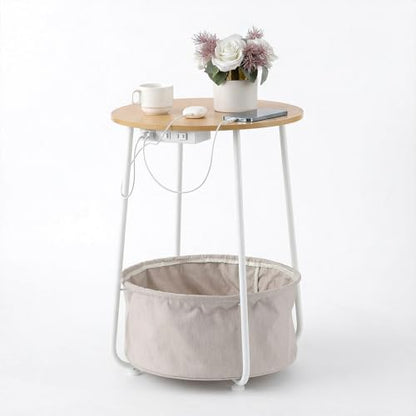 Round Side Table with Charging Station & USB Ports, Modern End Table Nightstand with Fabric Storage Basket, Matte White & Camel Brown Accent Table for Living Room, Bedroom (Burlywood) - color: Burlywood