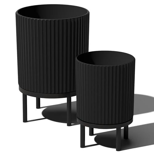 Veradek Demi Series Round Planter w/Stand for Porch/Patio | Durable Plastic-Stone Composite & Wooden Stand | Modern Décor for Tall Plants, Flowers - color: Black/Black, size: Bundle