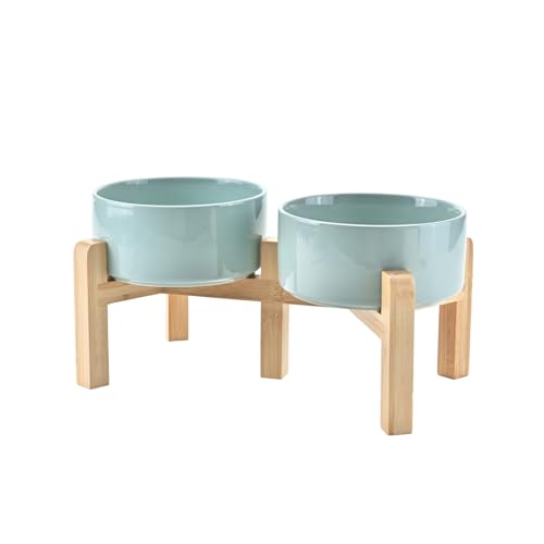 SPUNKYJUNKY Elevated Dog Bowls Ceramic, 6.1'' Dogs and Cat Food Water Bowls Raised with Non-Slip Bamboo Stand for Medium Sized Breed Microwave Dishwasher Safe - 28.7 OZ,Light Green - color: Light Green, size: 6.1 in - 3.6 cups