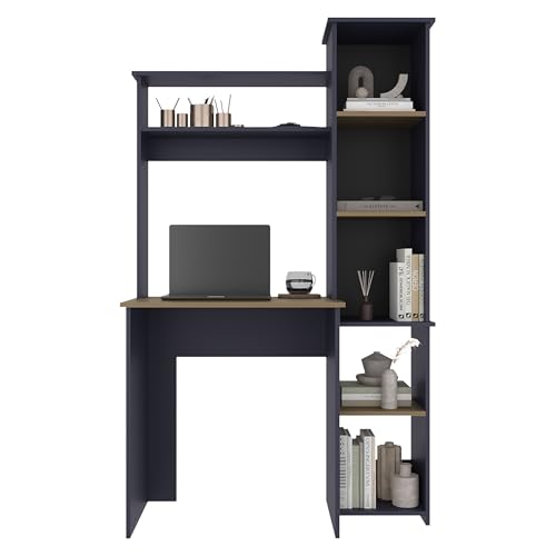 Tuhome Versalles Writing Desk with Hutch & Side Bookcase, Tall 63.9" Vertical Computer Desk, 5 Open Shelves Home Office Desk, Space-Saving Small Desk, Engineered Wood - color: Natural Oak, Blue