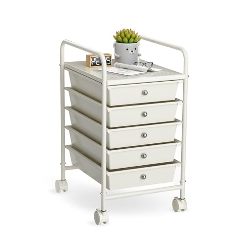 5-Tier Rolling Cart with 5 Drawers, Rolling Utility Cart with 2 Lockable Caster Wheels, Multipurpose Mobile Rolling Storage Drawer Cart for Office Bathroom Kitchen, Ivory White - size: White, 5-Tier