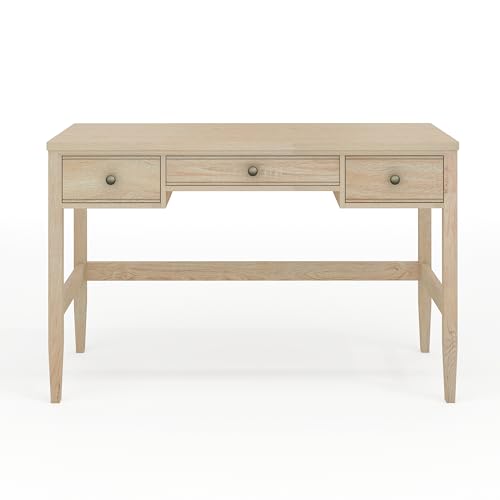 Martha Stewart Rhett Writing Desk with 3 Drawers and Tapered Legs in Light Natural with Antique Bronze Hardware