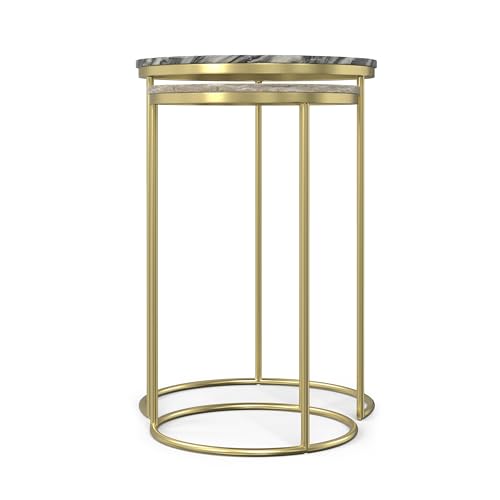 SIMPLIHOME Ashley Nesting Tables Set – 16 inch Wide Genuine Marble Top Metal Accent Tables in Grey Taupe Marble/Gold, Round End Tables for Living Room or Bedroom with Compact Design, Assembled