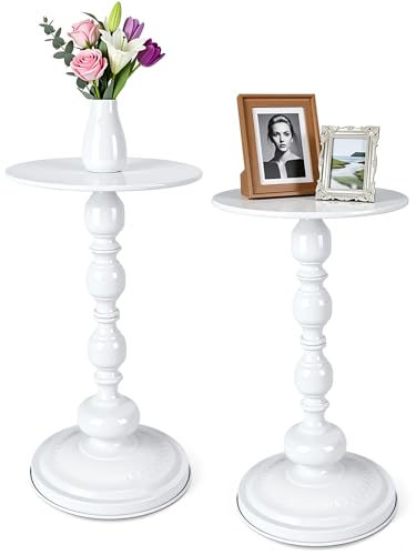 Novabright 2 Set Small Round Side Tables Metal End Table Coffee Drink Table for Small Space Matte Drink Accent Tables Vintage Roman Style for Living Room, Bedroom, Narrow Corners, Sofa Couch (White) - color: White