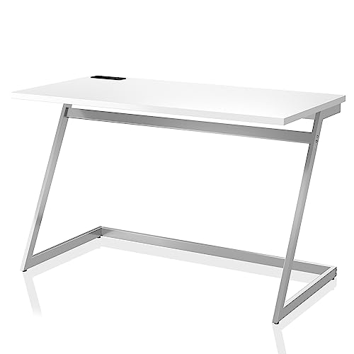 24/7 Shop at Home Andree Industrial Metal Writing Desk with USB Port, Power Outlet for Workstation, Home Office, Study Room, Gloss White and Chrome