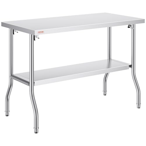 VEVOR Stainless Steel Foldable Work Table, 48 * 24 Inch Heavy Duty Food Outdoor Double Layer Stainless Steel Worktable for Commercial Kitchen Restaurant - size: Double layer 48 * 24, style: Foldable