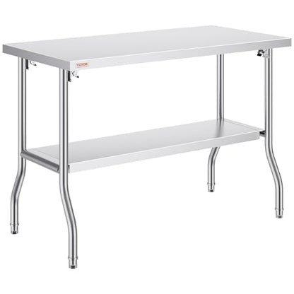 VEVOR Stainless Steel Foldable Work Table, 48 * 24 Inch Heavy Duty Food Outdoor Double Layer Stainless Steel Worktable for Commercial Kitchen Restaurant - size: Double layer 48 * 24, style: Foldable
