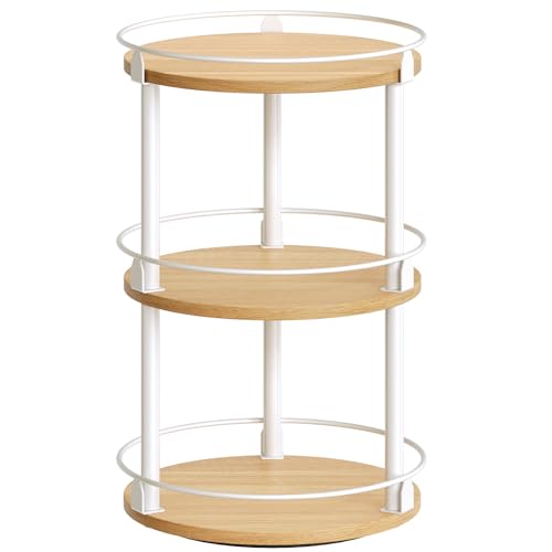 YATINEY 3-Tier Lazy Susan Organizer, Rotating Spice Rack, Spinning Organizer, Industrial Turntable Spice Rack Organizer for Cabinet, Kitchen Countertop, Pantry, White and Natural SR23WN - color: White + Natural, size: 10.2"L x 10.2"W x 18"H