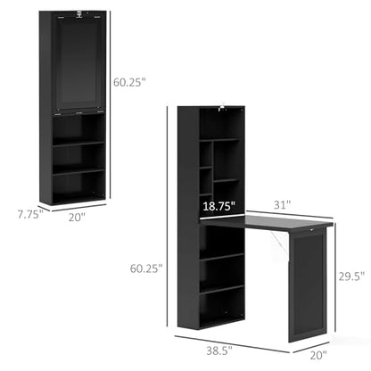Folding Wall Mounted Desk with Storage, Expandable Hidden Computer Desk, Foldable Space-Saving Pull Out Murphy Table, Writing Table with Blackboard for Home Office Bedroom Small Spaces (Black) - color: Black