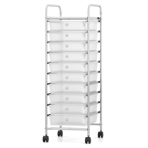 BECOMFORT 10-Drawer Rolling Utility Cart, Storage Cart on Wheels, Teacher Classroom Organizers with Metal Frame & Lockable Wheels, Mobile Trolley Craft Cart for Art Paper Tools School Office Play Room - color: Clear White, size: 10 Small Drawers