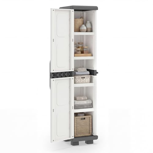 Giantex 70” Tall Slim Storage Cabinet with Single Door, Plastic Kitchen Pantry with 4 Adjustable Shelves, Narrow Freestanding Bathroom Cabinet for Living Room, Home Office, Laundry, Garage, White+Grey - color: White+grey, size: Tall-14"x19"x70"