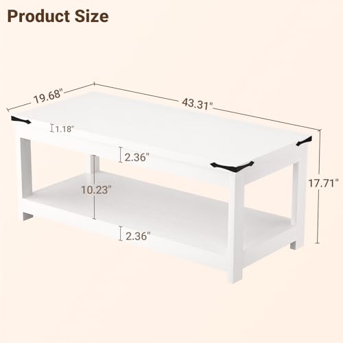 Homieasy 43.3” Rectangular Coffee Table with Storage Shelf, White | Farmhouse Wood Center Table for Living Room, Modern Black Tea Table with Open Shelf - color: White
