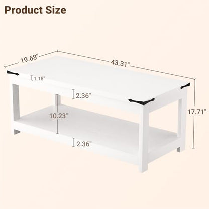 Homieasy 43.3” Rectangular Coffee Table with Storage Shelf, White | Farmhouse Wood Center Table for Living Room, Modern Black Tea Table with Open Shelf - color: White