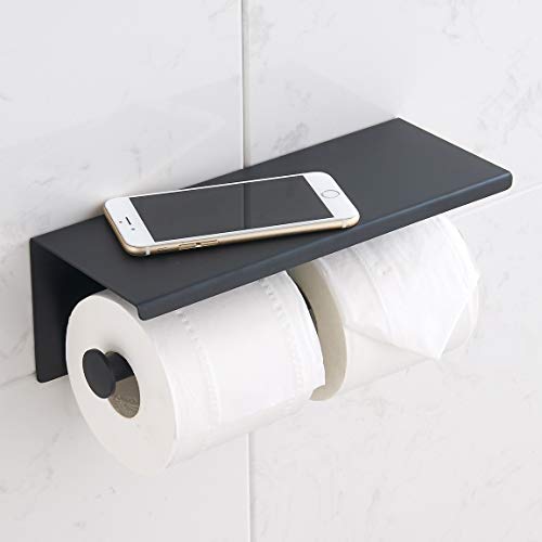 BGL 304 Stainless Steel Double Toilet Paper Holder Wall Mounted Matte Black Two Heads Roll Tissue Paper Holder with Shelf (Black) - color: Black