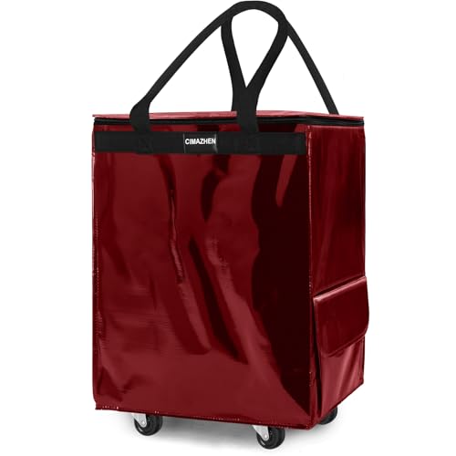 Reusable Grocery Bag Tote Bag with Wheels, Foldable Rolling Tote Bag with 3 Handles and Zipper - color: Red, size: Medium