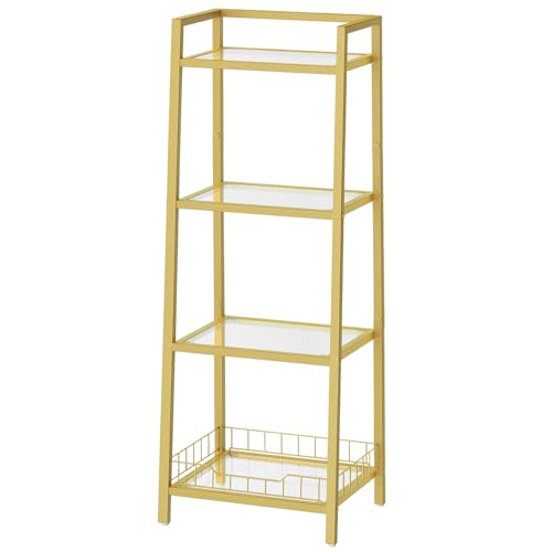 HOOBRO Gold Glass Shelf Stand, 4 Tier Standing Shelf Unit, Bathroom Organizer and Storage, Floor Storage Shelves Waterproof, for Bathroom, Laundry, Toilet, Tempered Glass, Gold GD79CJ01 - size: 15" L x 11.8" W x 42.1" H