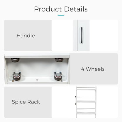 7 Tier Slim Storage Cart with Storage Shelf for Next to Fridge, Rolling Spice Rack with Handle for Small Spaces, Utility Cart with Double-Sided Spice Rack for Kitchen (White)