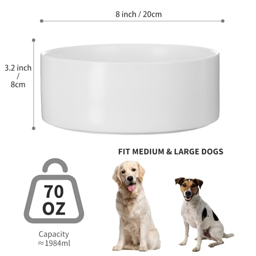 8'' Ceramic Dog Bowl - 70Oz Classic Dogs Food & Water Bowl for Medium and Large Breeds, Heavy-Duty Non-Slip Dog Dish, Food Grade Stoneware Pet Bowl, Dishwasher & Microwave Safe, White - color: Bowl - White, size: 8 inch
