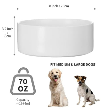 8'' Ceramic Dog Bowl - 70Oz Classic Dogs Food & Water Bowl for Medium and Large Breeds, Heavy-Duty Non-Slip Dog Dish, Food Grade Stoneware Pet Bowl, Dishwasher & Microwave Safe, White - color: Bowl - White, size: 8 inch