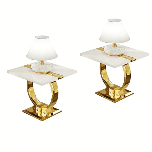 Asday 2026 Gold End Table Set of 2, 23" Modern Luxury Sofa Side Table with Polished Metal U-Base, Square White and Gold End Table for Living Room, Sofa Couch, Bedroom, Office - color: White and Gold, size: Set of 2