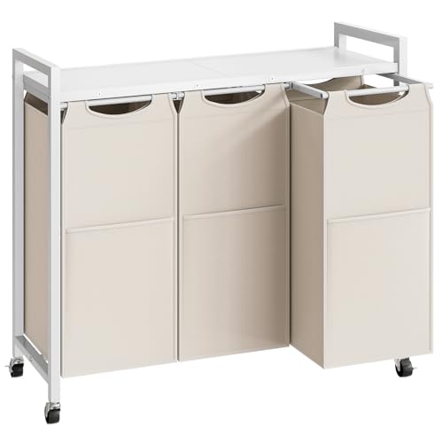 HOOBRO Laundry Sorter 3 Section, Laundry Hamper with Wheels, 3 × 11.5 Gal (43.4L), Rolling Laundry Basket, Pull-Out and Removable Oxford Fabric Bags, White WG76XY01 - color: White + Gray